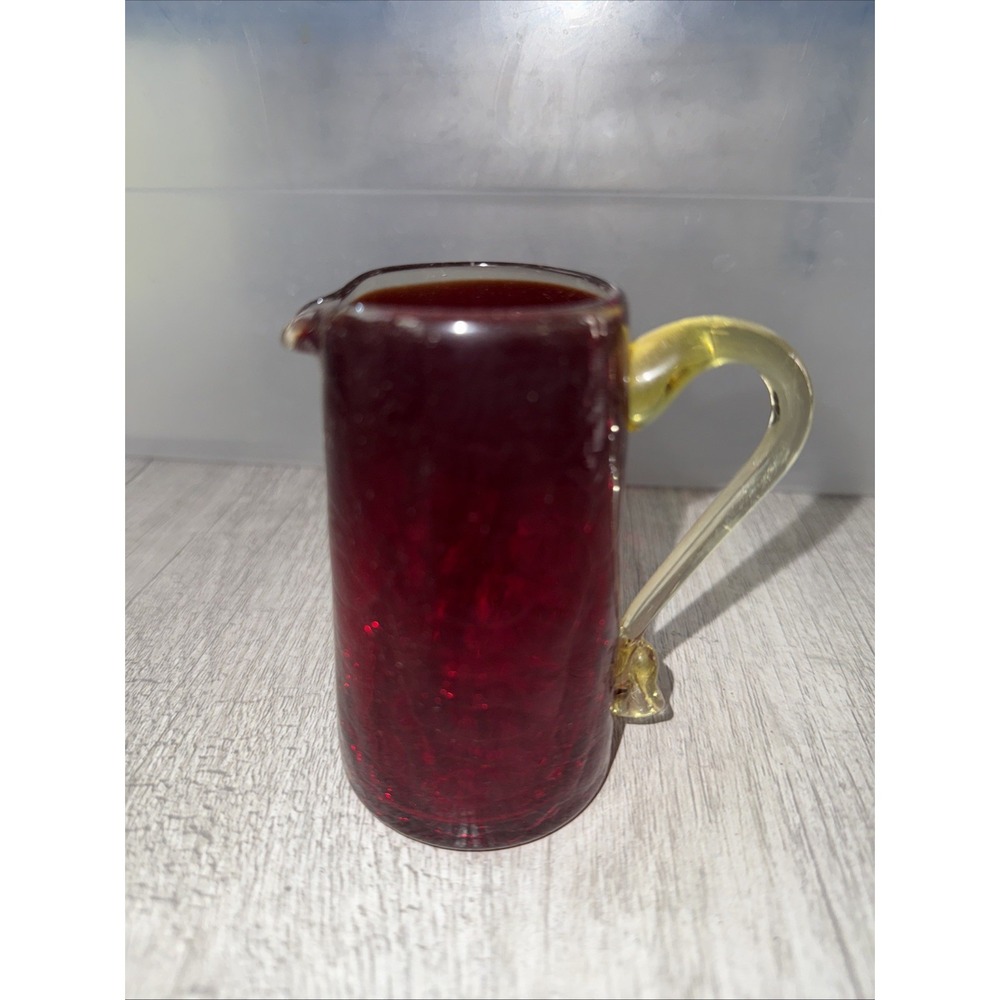 VINTAGE HAND BLOWN RUBY RED YELLOW HANDLE GLASS‎ MINI PITCHER Creamer 3.5" T